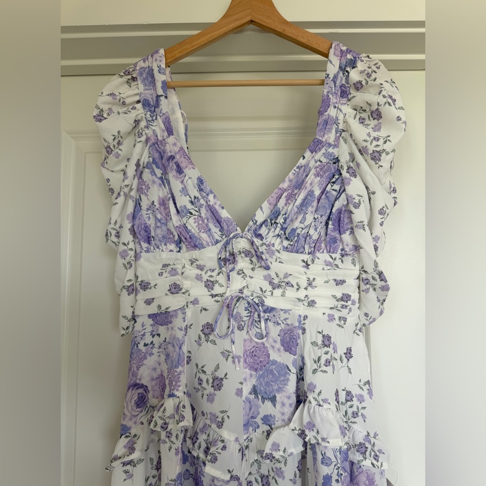For Love and Lemons Rosalyn Mini Dress Lavender Floral Ruffle Dress Size Small - Picture 7 of 11